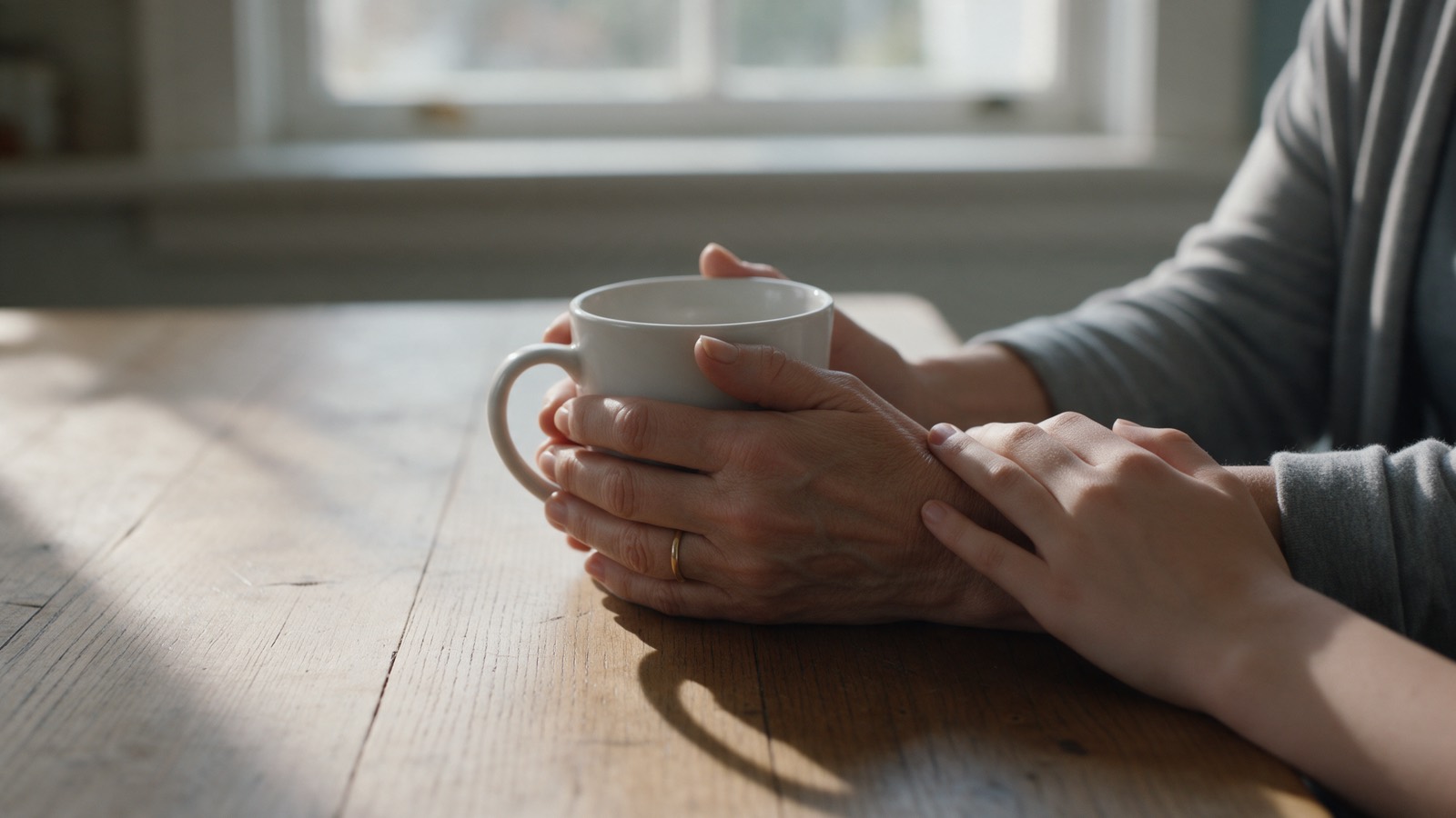 An older woman's hands around a coffee mug, a younger hand resting on her wrist