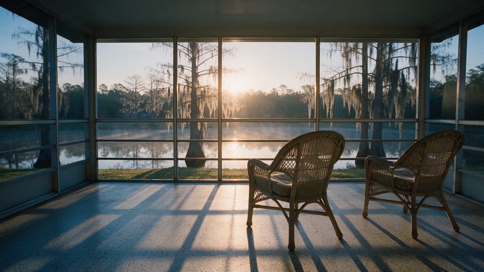 Two empty chairs on a screened porch facing a lake at sunrise